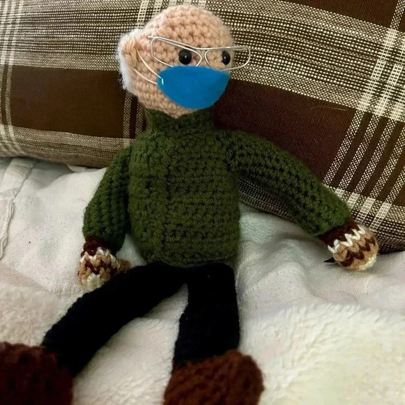 EUC Crochet Bernie Sanders 15” doll.From Covid era. Handmade. Mask and mittens - Picture 1 of 7